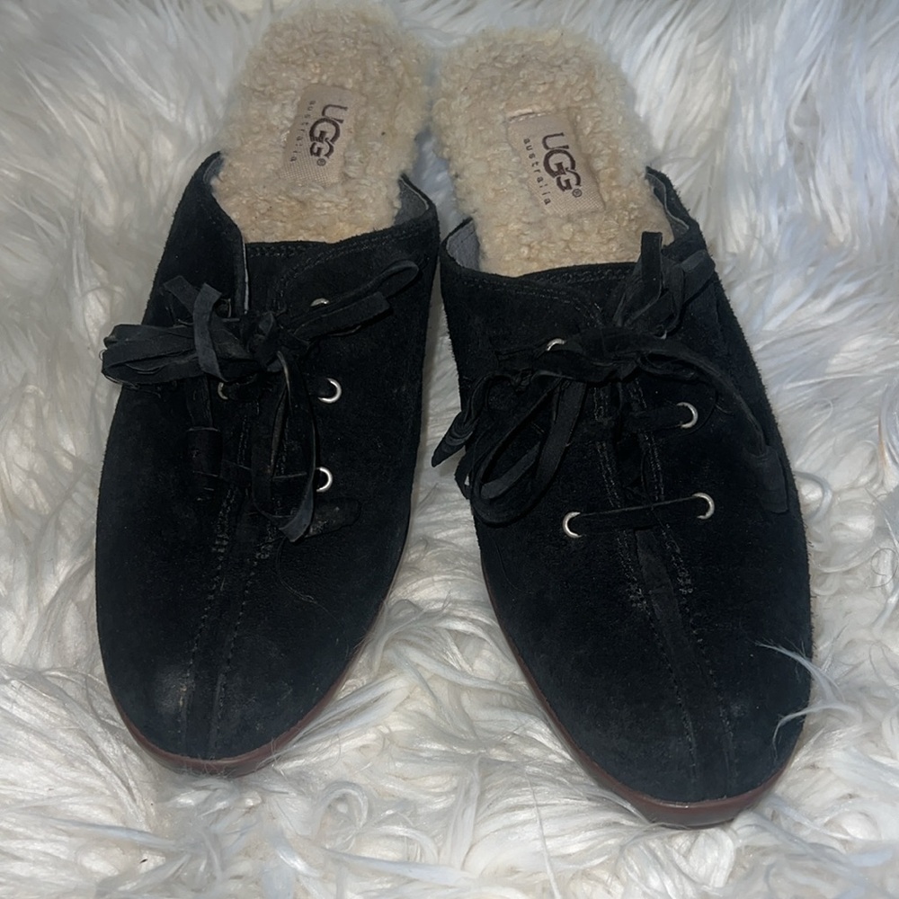 UGG Molly Lace Up Black Suede Sheepskin Insole Heeled Mules